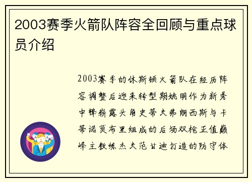 2003赛季火箭队阵容全回顾与重点球员介绍
